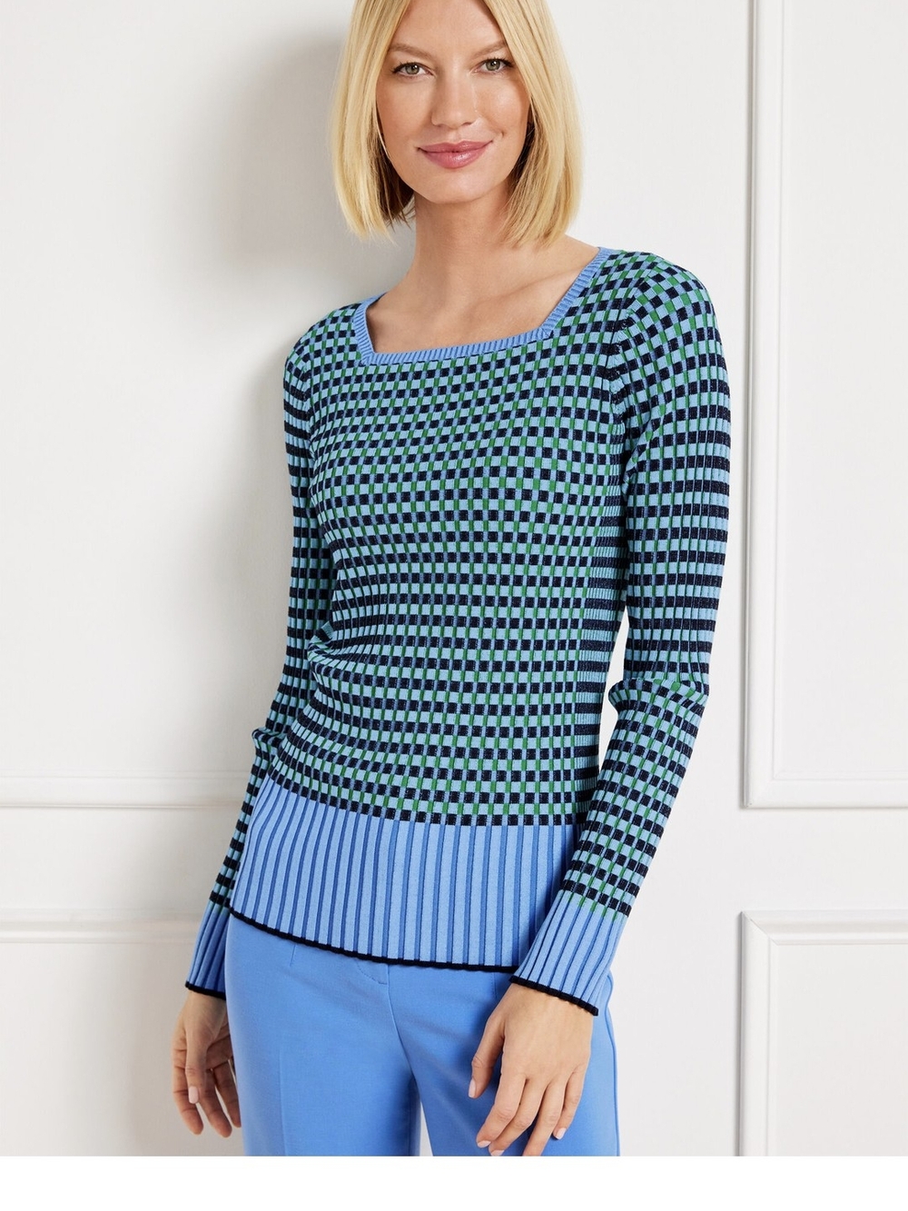 Talbots Womens Ribbed Square Neck Sweater Plaited Stripe Color Block Blue Large